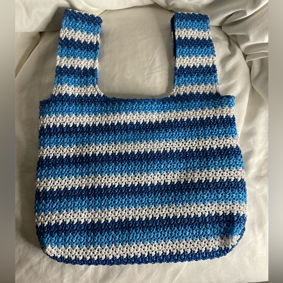 Future Collective Tote Blue Striped Straw Summer Purse Bag - Picture 2 of 8